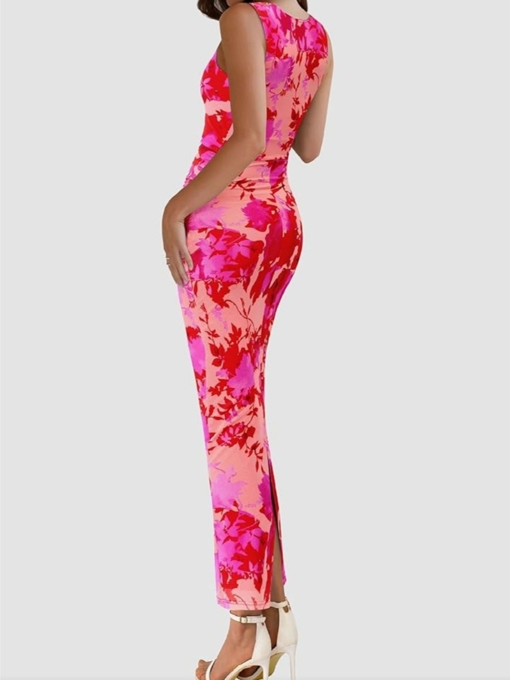 Sleeveless Pink & Red Floral Maxi Dress - Picture 6 of 7